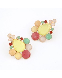 Assorted Colorful Gems Combined Waterdrop Shape Fashion Ear Studs - Yellow