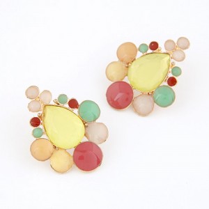 Assorted Colorful Gems Combined Waterdrop Shape Fashion Ear Studs - Yellow