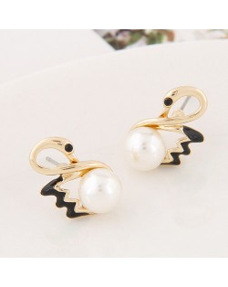 Romantic Pearl Inlaid Swan Fashion Ear Studs - Black