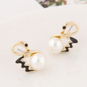 Romantic Pearl Inlaid Swan Fashion Ear Studs - Black