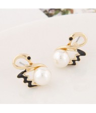 Romantic Pearl Inlaid Swan Fashion Ear Studs - Black