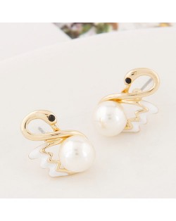 Romantic Pearl Inlaid Swan Fashion Ear Studs - White