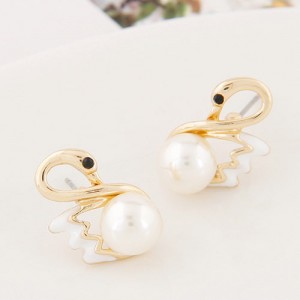 Romantic Pearl Inlaid Swan Fashion Ear Studs - White