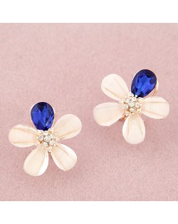 Korean Fashion Blooming Flower Design Ear Studs - Dark Blue