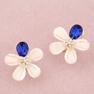 Korean Fashion Blooming Flower Design Ear Studs - Dark Blue