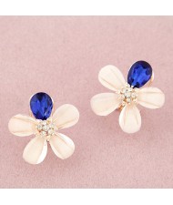 Korean Fashion Blooming Flower Design Ear Studs - Dark Blue