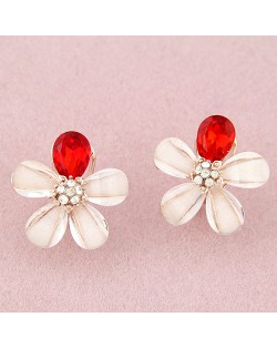 Korean Fashion Blooming Flower Design Ear Studs - Red