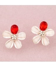 Korean Fashion Blooming Flower Design Ear Studs - Red