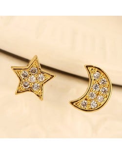 Sweet Cubic Zirconia Inlaid Asymmetric Moon and Star Design Fashion Earrings - Golden