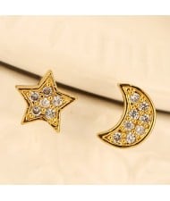 Sweet Cubic Zirconia Inlaid Asymmetric Moon and Star Design Fashion Earrings - Golden