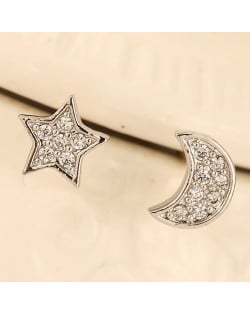 Sweet Cubic Zirconia Inlaid Asymmetric Moon and Star Design Fashion Earrings - Silver