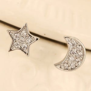 Sweet Cubic Zirconia Inlaid Asymmetric Moon and Star Design Fashion Earrings - Silver