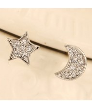 Sweet Cubic Zirconia Inlaid Asymmetric Moon and Star Design Fashion Earrings - Silver