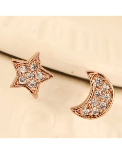 Sweet Cubic Zirconia Inlaid Asymmetric Moon and Star Design Fashion Earrings - Rose Gold