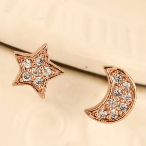 Sweet Cubic Zirconia Inlaid Asymmetric Moon and Star Design Fashion Earrings - Rose Gold