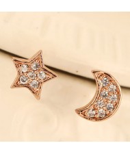 Sweet Cubic Zirconia Inlaid Asymmetric Moon and Star Design Fashion Earrings - Rose Gold