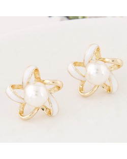 Pearl Centered Oil-spot Glazed Hollow Star Design Fashion Ear Studs - White