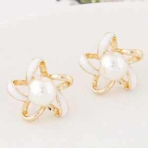 Pearl Centered Oil-spot Glazed Hollow Star Design Fashion Ear Studs - White