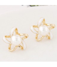 Pearl Centered Oil-spot Glazed Hollow Star Design Fashion Ear Studs - White