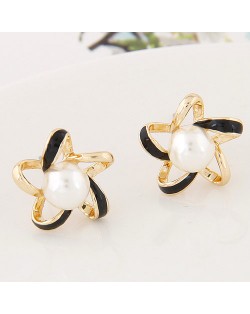 Pearl Centered Oil-spot Glazed Hollow Star Design Fashion Ear Studs - Black