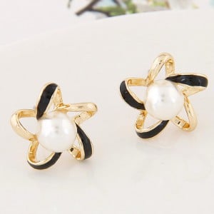 Pearl Centered Oil-spot Glazed Hollow Star Design Fashion Ear Studs - Black