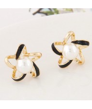 Pearl Centered Oil-spot Glazed Hollow Star Design Fashion Ear Studs - Black