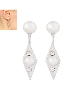 Pearl and Rhinestone Decorated Rhombus Shape High Fashion Ear Studs - Silver