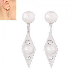 Pearl and Rhinestone Decorated Rhombus Shape High Fashion Ear Studs - Silver