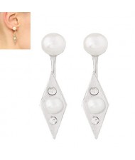 Pearl and Rhinestone Decorated Rhombus Shape High Fashion Ear Studs - Silver