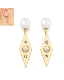 Pearl and Rhinestone Decorated Rhombus Shape High Fashion Ear Studs - Golden