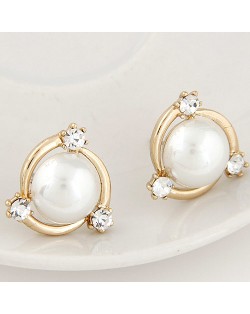 Sweet Large Pearl Inlaid with Czech Rhinestone Embellished Revolving Design Fashion Ear Studs