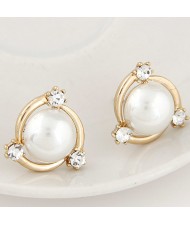 Sweet Large Pearl Inlaid with Czech Rhinestone Embellished Revolving Design Fashion Ear Studs