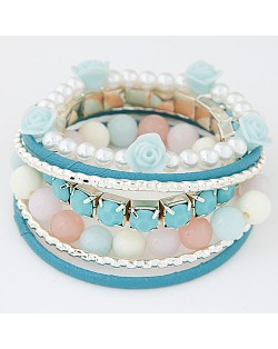 Graceful Flowers Embellished  Multiple Layers Gems and Beads Fashion Bangle - Blue