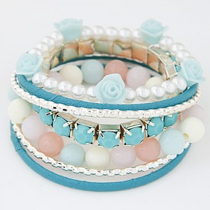 Graceful Flowers Embellished  Multiple Layers Gems and Beads Fashion Bangle - Blue