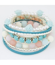 Graceful Flowers Embellished  Multiple Layers Gems and Beads Fashion Bangle - Blue