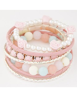 Graceful Flowers Embellished  Multiple Layers Gems and Beads Fashion Bangle - Pink