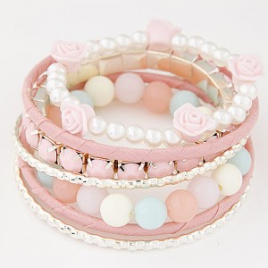 Graceful Flowers Embellished  Multiple Layers Gems and Beads Fashion Bangle - Pink