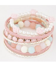 Graceful Flowers Embellished Multiple Layers Gems and Beads Fashion Bangle - Pink