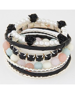 Graceful Flowers Embellished  Multiple Layers Gems and Beads Fashion Bangle - Black