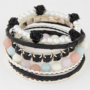 Graceful Flowers Embellished  Multiple Layers Gems and Beads Fashion Bangle - Black