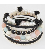 Graceful Flowers Embellished Multiple Layers Gems and Beads Fashion Bangle - Black