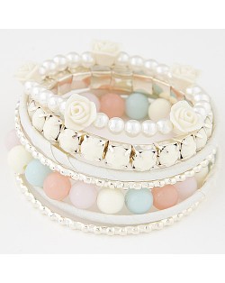 Graceful Flowers Embellished  Multiple Layers Gems and Beads Fashion Bangle - White