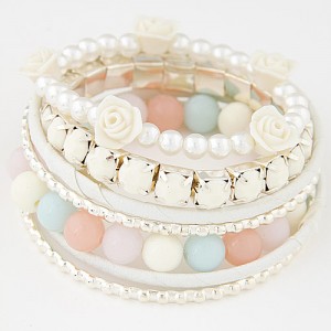 Graceful Flowers Embellished  Multiple Layers Gems and Beads Fashion Bangle - White