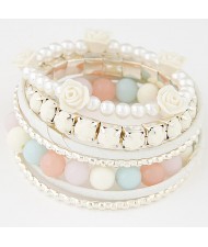 Graceful Flowers Embellished  Multiple Layers Gems and Beads Fashion Bangle - White