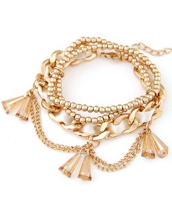 Multi-layer Cloth and Golden Alloy Mixed Weaving Style with Crystal Waterdrop Beads Bracelet - White