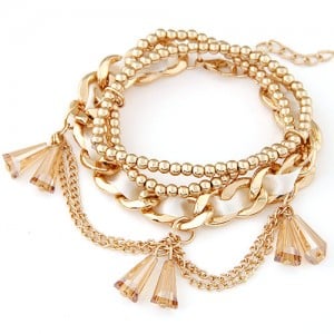 Multi-layer Cloth and Golden Alloy Mixed Weaving Style with Crystal Waterdrop Beads Bracelet - White