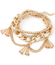 Multi-layer Cloth and Golden Alloy Mixed Weaving Style with Crystal Waterdrop Beads Bracelet - White