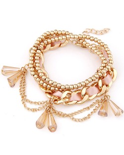 Multi-layer Cloth and Golden Alloy Mixed Weaving Style with Crystal Waterdrop Beads Bracelet - Pink