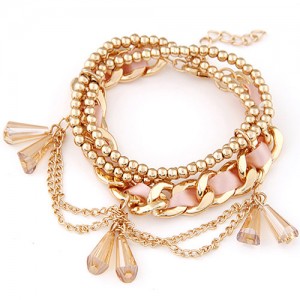 Multi-layer Cloth and Golden Alloy Mixed Weaving Style with Crystal Waterdrop Beads Bracelet - Pink