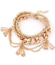 Multi-layer Cloth and Golden Alloy Mixed Weaving Style with Crystal Waterdrop Beads Bracelet - Pink